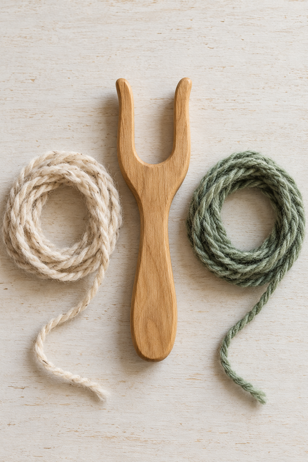 Yarn loops arranged around a lucet fork