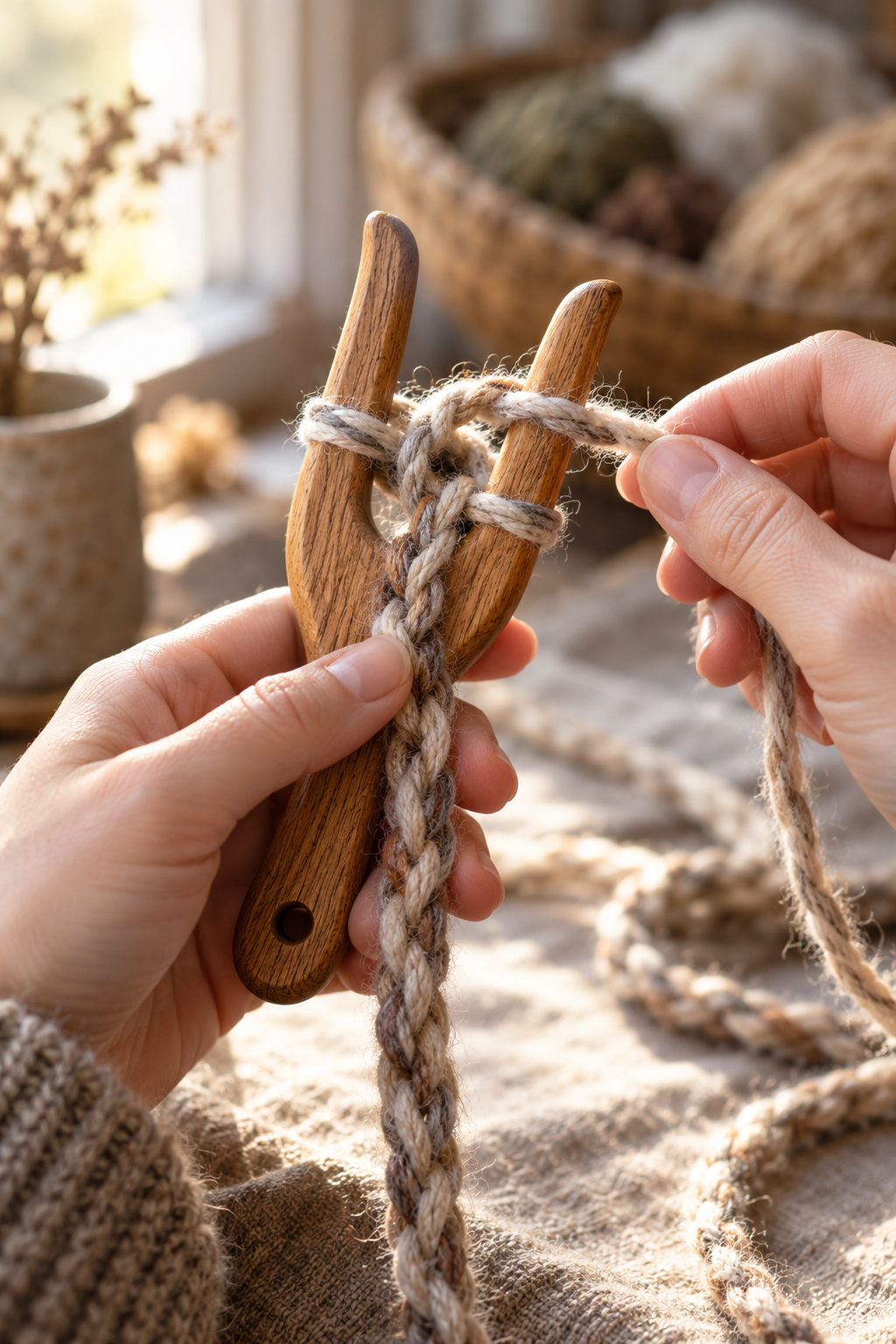 Close view of a lucet cord in progress