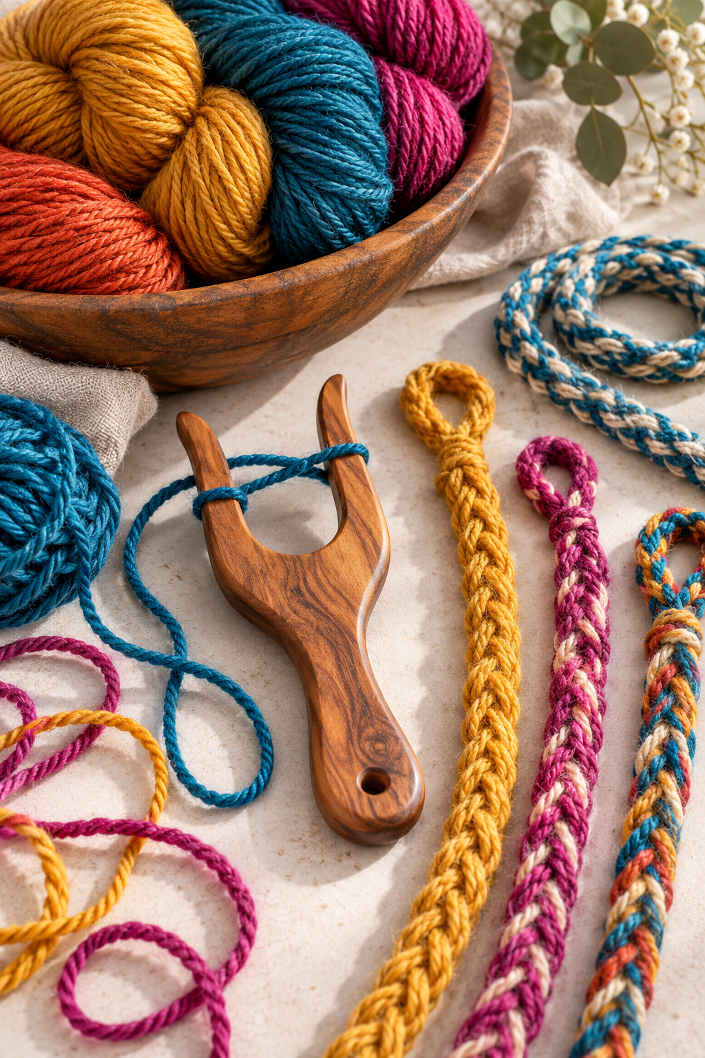 Lucet fork, yarn supplies, and finished cords