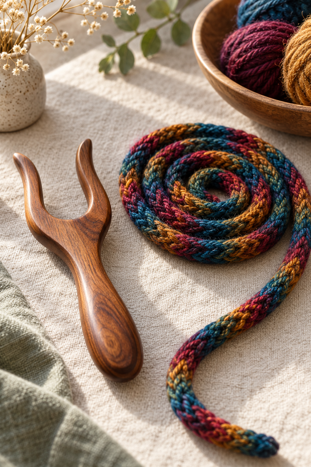 Wooden lucet fork beside a colorful finished cord